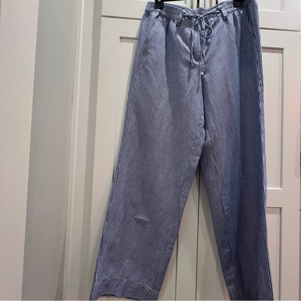 Talbots Linen Blend Blue White Striped Drawstring Pants Size 10P Petite